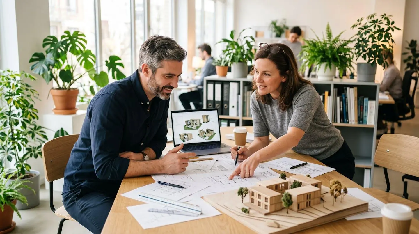 Architecte et client consultant ensemble des plans de modules sur une table lumineuse