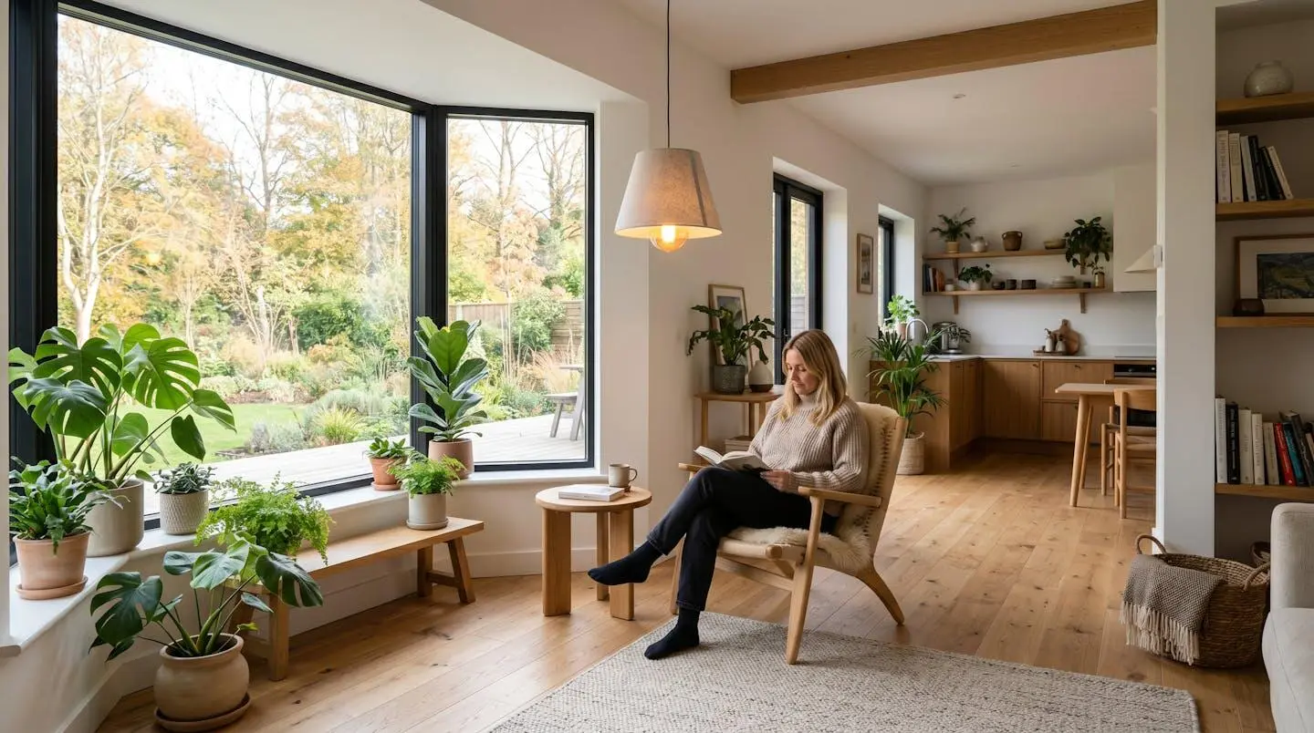 Intérieur d'un module haut de gamme avec finitions bois naturel, luminaires design et mobilier contemporain