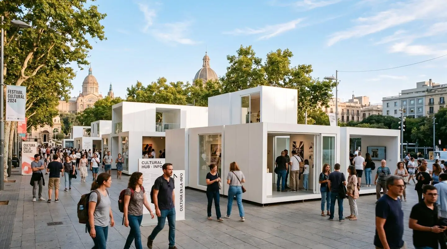 Modules modulaires design installés en contexte événementiel urbain avec public en mouvement