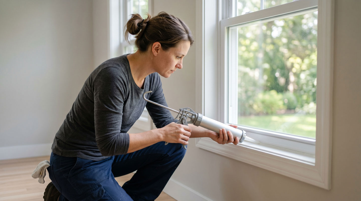 Outils professionnels de calfeutrage disposés sur une surface de travail : pistolet à calfeutrer, cartouches de scellant, coupe-froid et instruments d'inspection