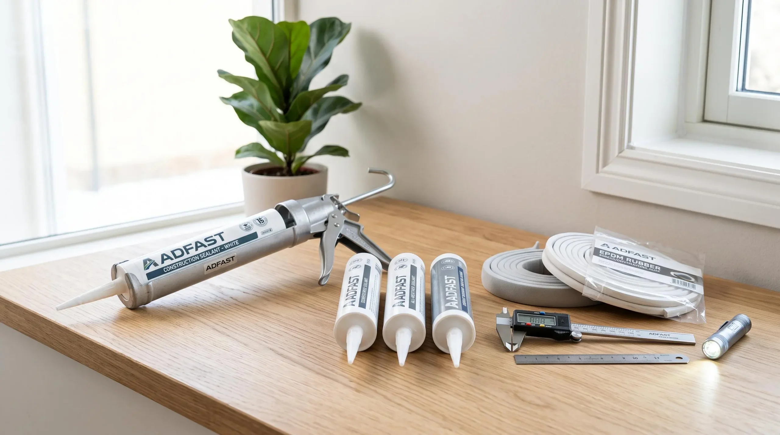 Outils professionnels de calfeutrage disposés sur une surface de travail : pistolet à calfeutrer, cartouches de scellant, coupe-froid et instruments d'inspection