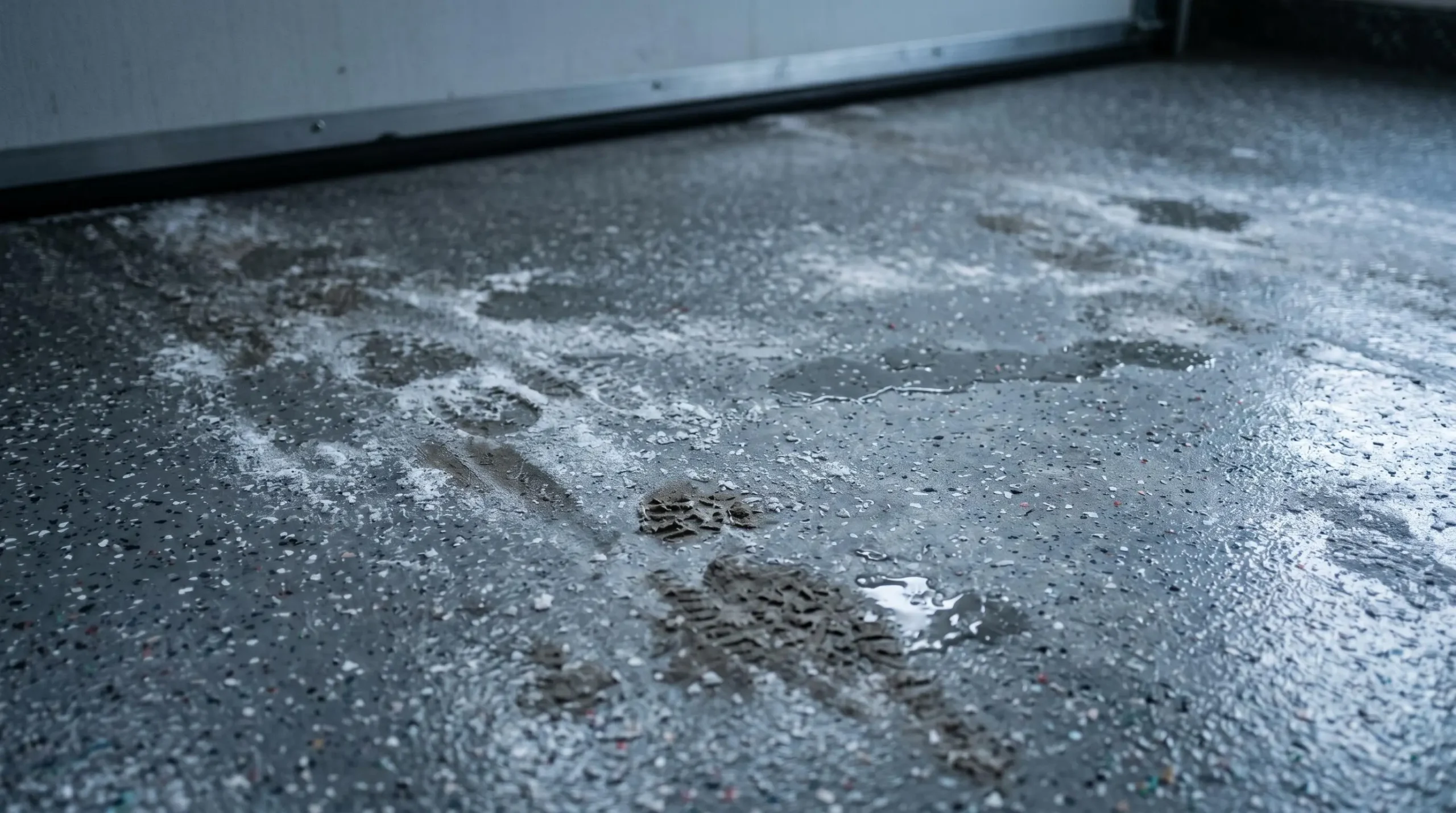 Plancher de garage époxy gris avec traces blanchâtres de sel de déglaçage séché et empreintes humides de bottes, lumière froide hivernale, contexte résidentiel québécois