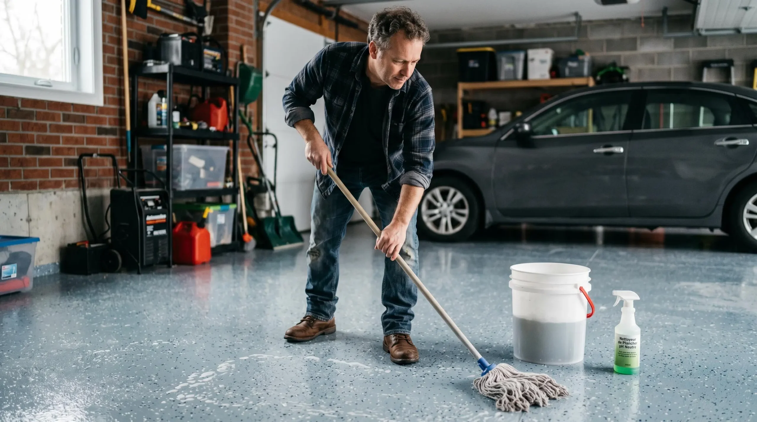 Propriétaire québécois d'âge moyen nettoyant un plancher de garage époxy avec balai microfibre, seau d'eau savonneuse et nettoyant pH neutre à proximité, lumière naturelle douce