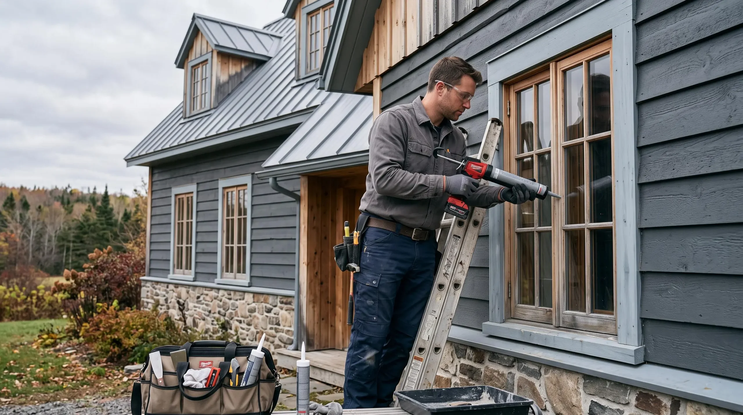 Technicien professionnel appliquant du scellant de calfeutrage sur les contours d'une fenêtre résidentielle, avec outils spécialisés et matériel visible sur un chantier au Québec